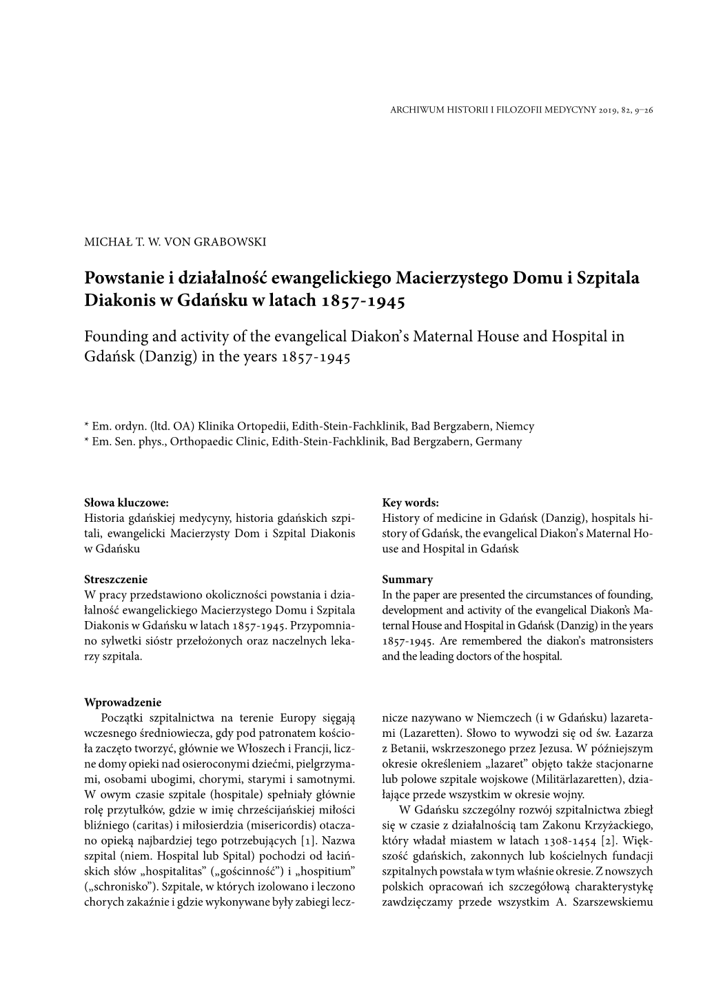 Powstanie I Działalność Ewangelickiego Macierzystego Domu I Szpitala Diakonis W Gdańsku W Latach 1857-1945