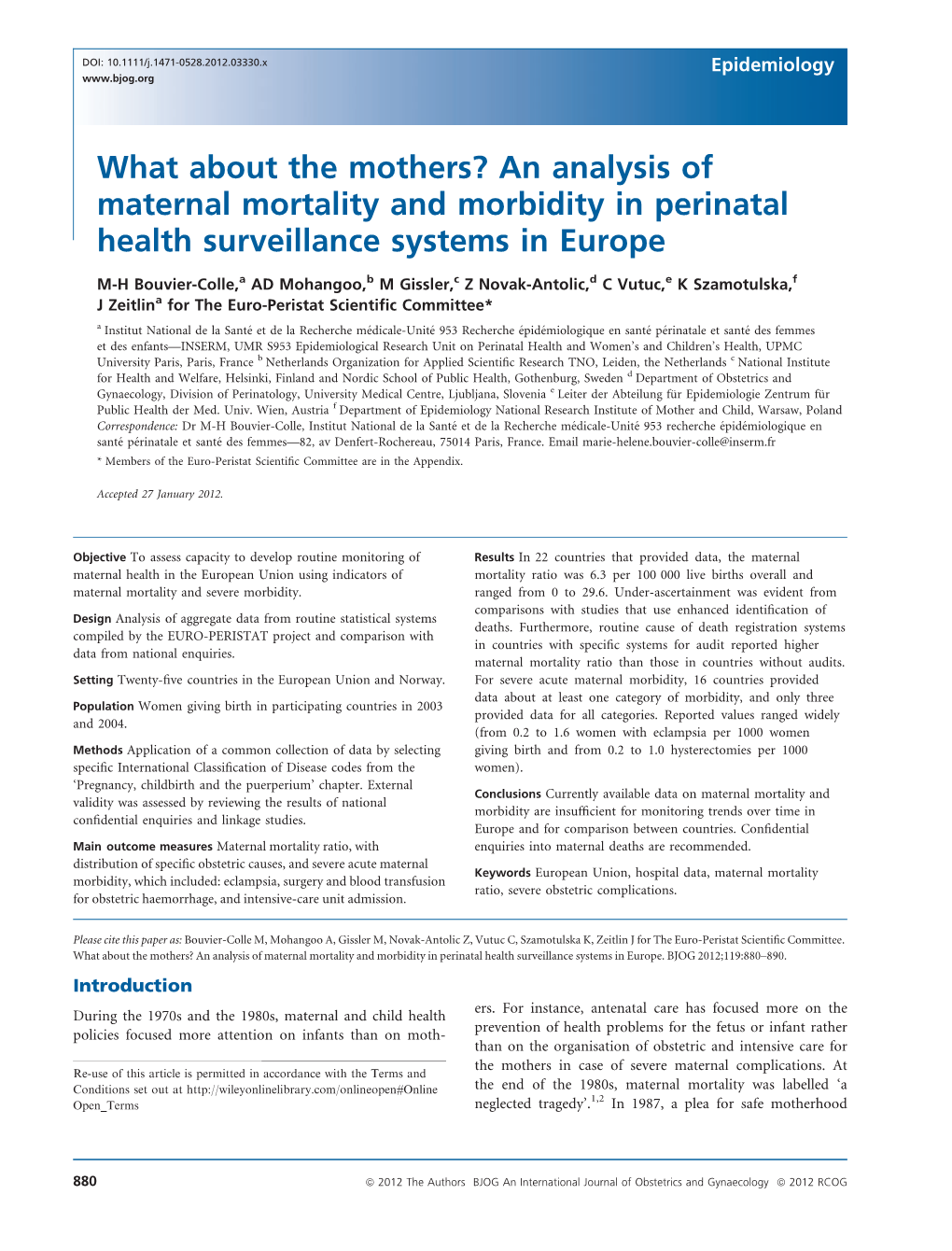 An Analysis of Maternal Mortality and Morbidity in Perinatal Health Surveillance Systems in Europe