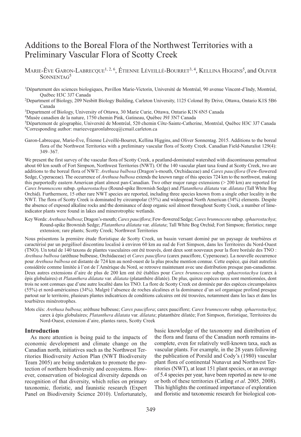 Additions to the Boreal Flora of the Northwest Territories with a Preliminary Vascular Flora of Scotty Creek