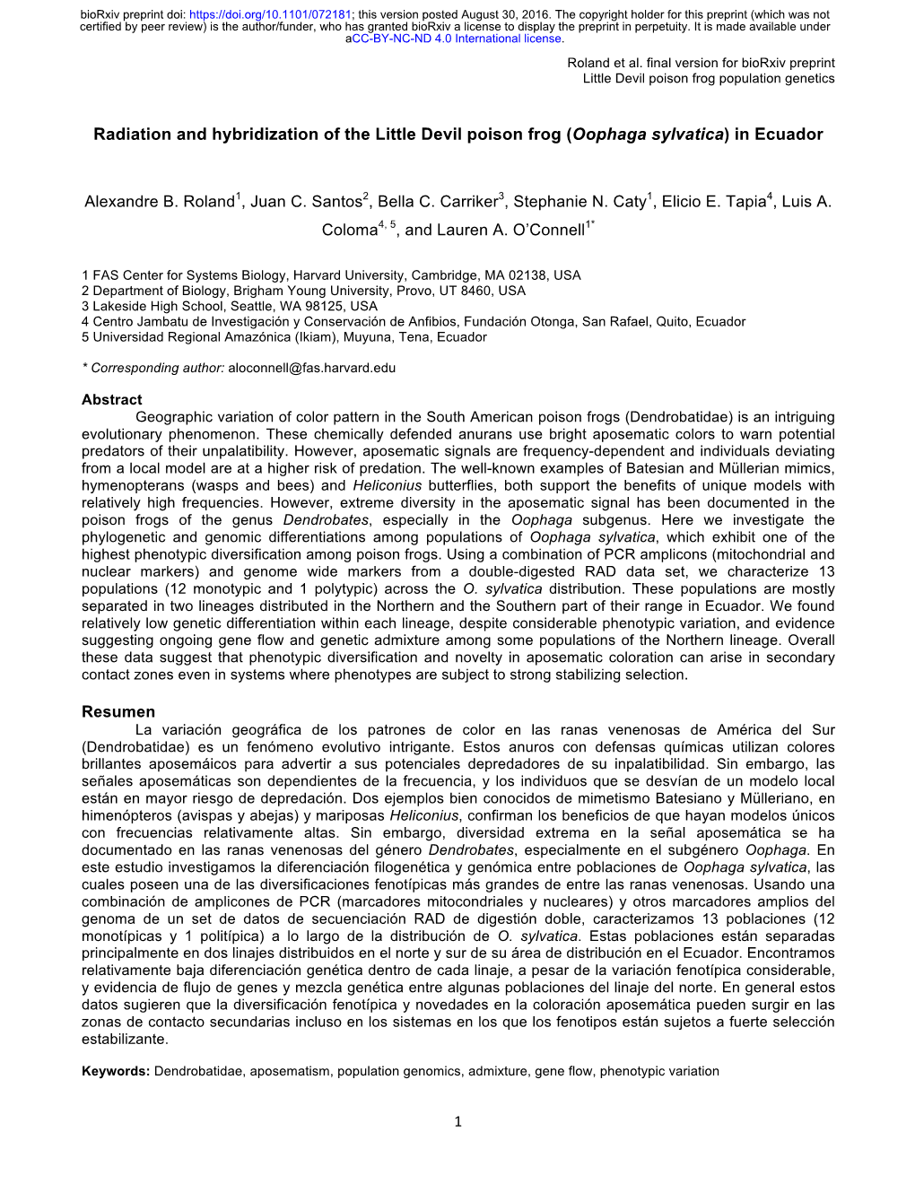 Radiation and Hybridization of the Little Devil Poison Frog (Oophaga Sylvatica) in Ecuador