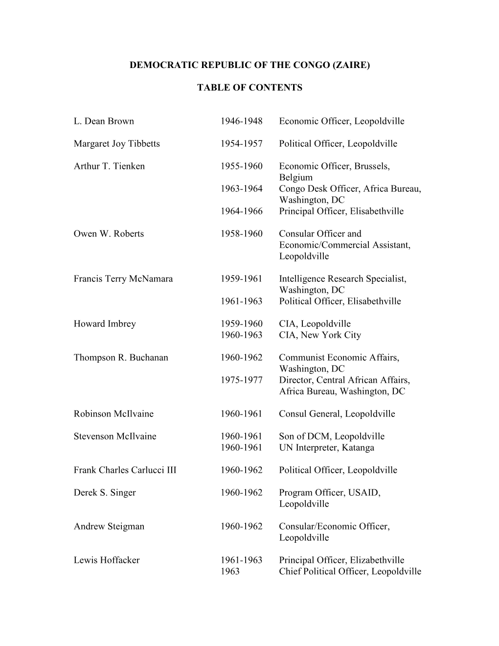 Democratic Republic of the Congo (Zaire) Table Of