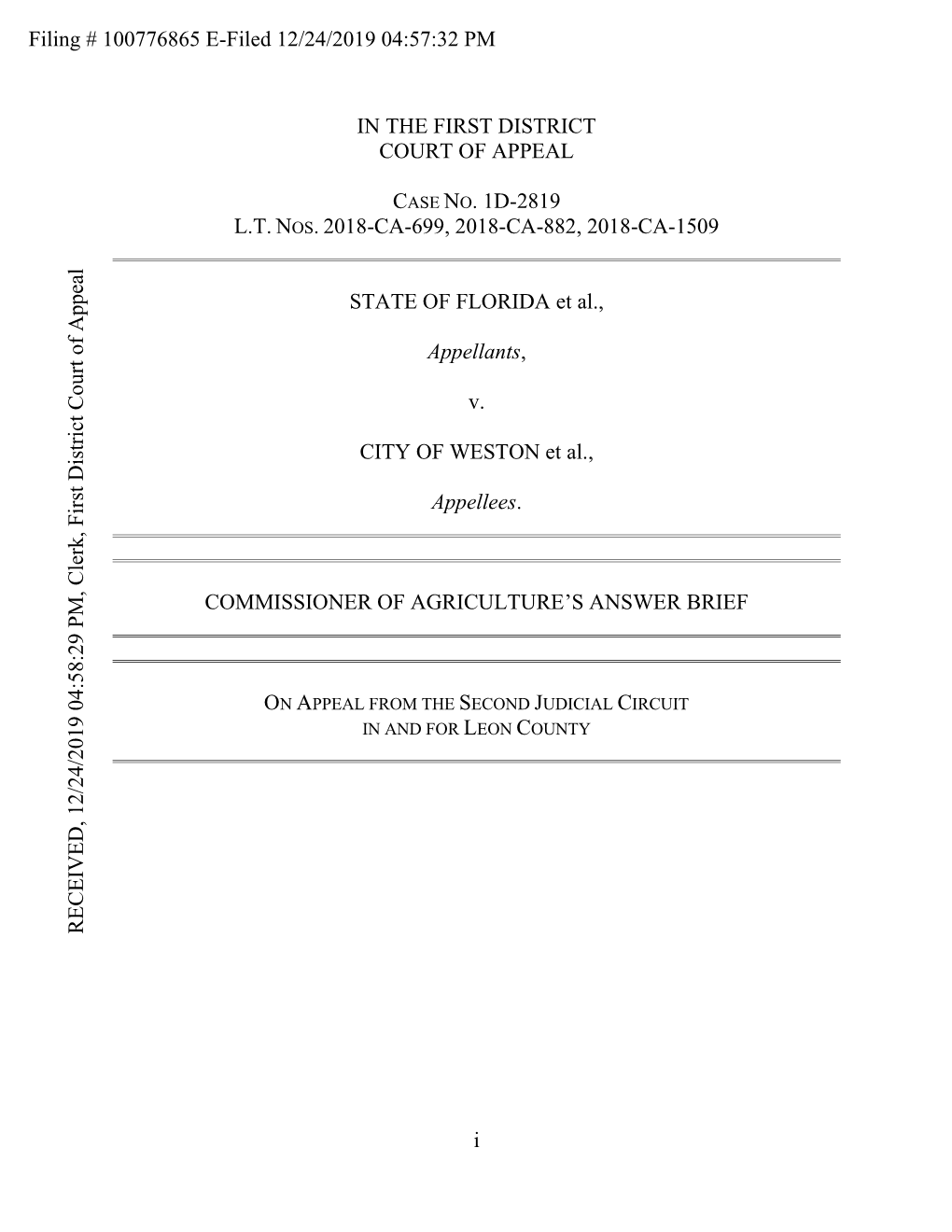 I in the FIRST DISTRICT COURT of APPEAL CASE NO. 1D-2819 L.T