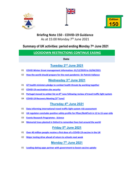 Briefing Note 150 - COVID-19 Guidance As at 15:00 Monday 7Th June 2021