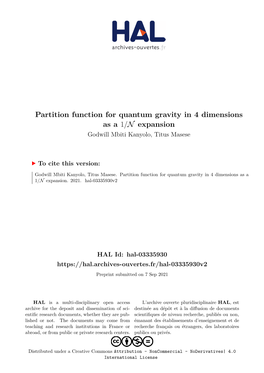 Partition Function for Quantum Gravity in 4 Dimensions As a 1/N Expansion Godwill Mbiti Kanyolo, Titus Masese