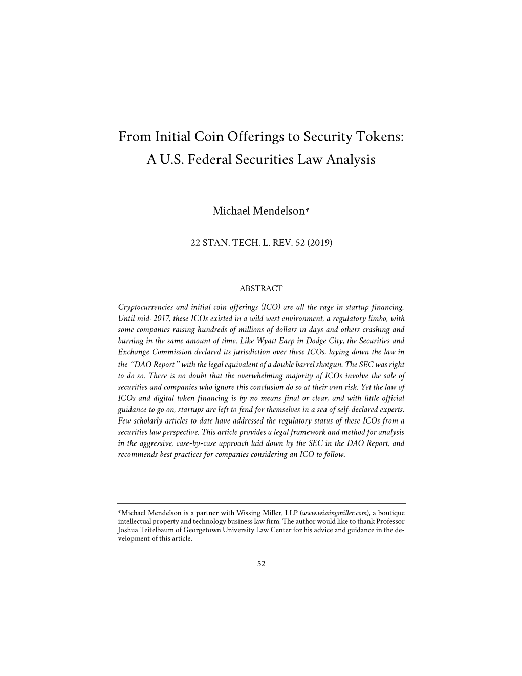 From Initial Coin Offerings to Security Tokens: a U.S. Federal Securities Law Analysis