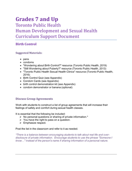 Grades 7 and up Birth Control Sexual Health Curriculum Support