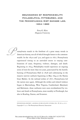 Boundaries of Responsibility: Philadelphia, Pittsburgh, and the Pennsylvania Riot Damage Law, 1834–1880