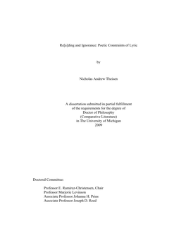 Poetic Constraints of Lyric by Nicholas Andrew Theisen a Dissertation