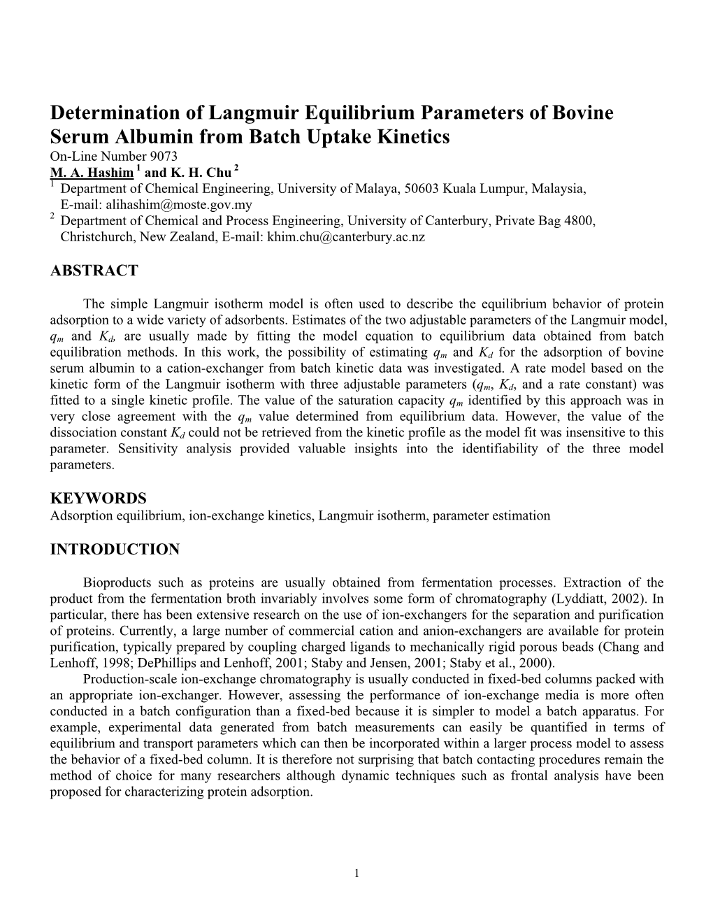 Determination of Langmuir Equilibrium Parameters of Bovine Serum Albumin from Batch Uptake Kinetics On-Line Number 9073 M