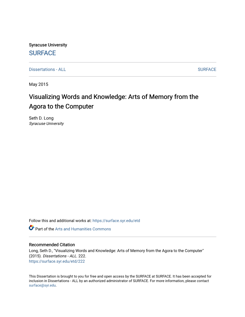 Visualizing Words and Knowledge: Arts of Memory from the Agora to the Computer