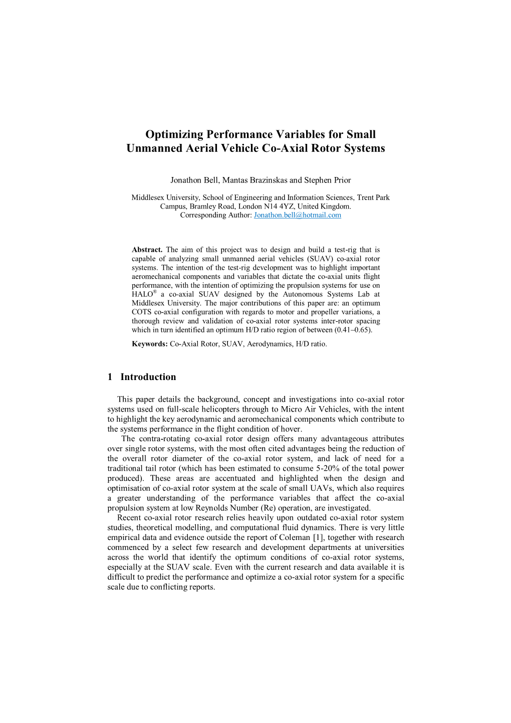 Optimizing Performance Variables for Small Unmanned Aerial Vehicle Co-Axial Rotor Systems