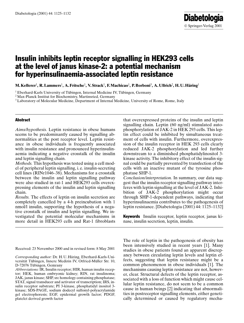 Insulin Inhibits Leptin Receptor Signalling in HEK293 Cells at the Level of Janus Kinase-2: a Potential Mechanism for Hyperinsulinaemia-Associated Leptin Resistance