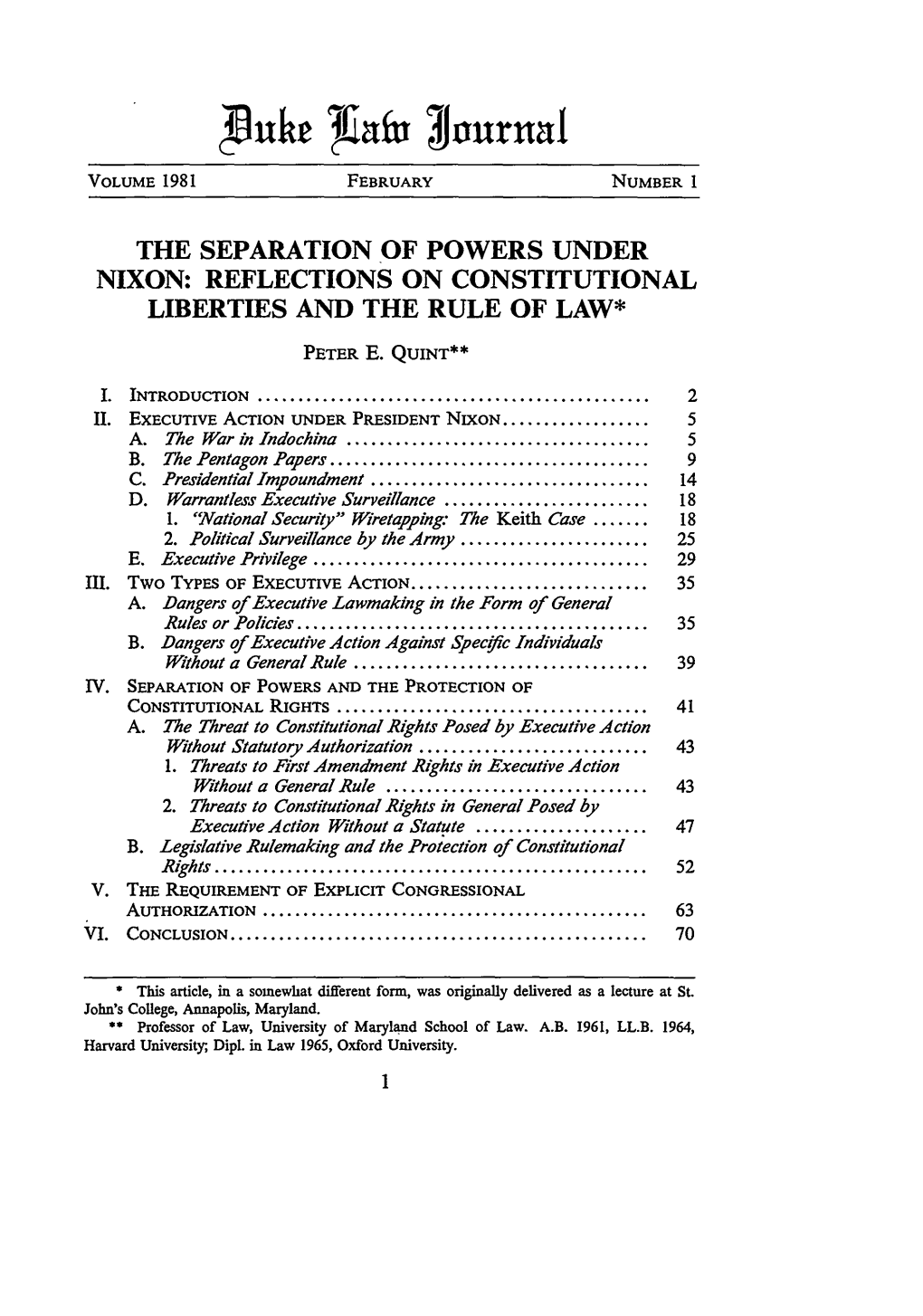 The Separation of Powers Under Nixon: Reflections on Constitutional Liberties and the Rule of Law*