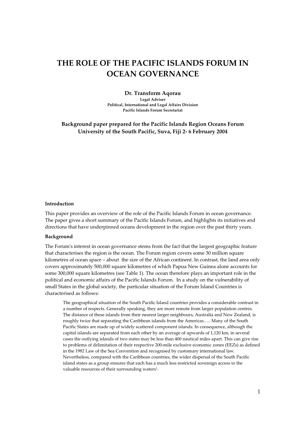The Role of the Pacific Islands Forum in Ocean Governance