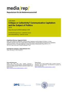 Communicative Capitalism and the Subject of Politics 2019