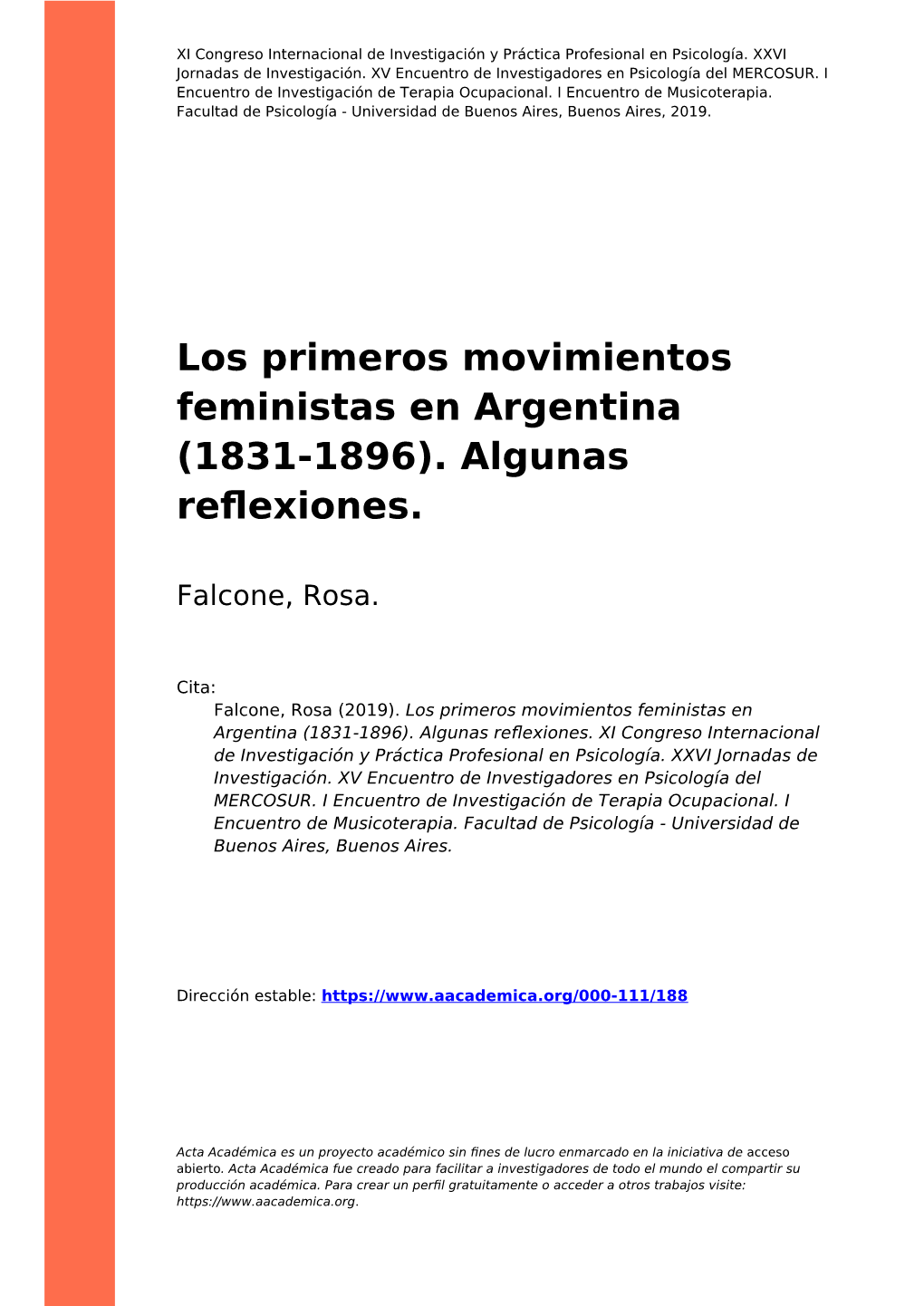 Los Primeros Movimientos Feministas En Argentina (1831-1896). Algunas Reﬂexiones