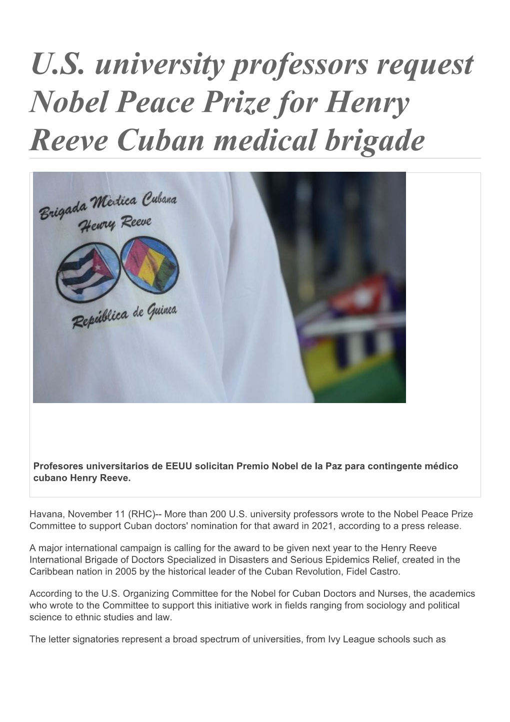 U.S. University Professors Request Nobel Peace Prize for Henry Reeve Cuban Medical Brigade