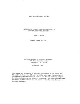 Nber Working Paper Series Anticipated Money, Inflation