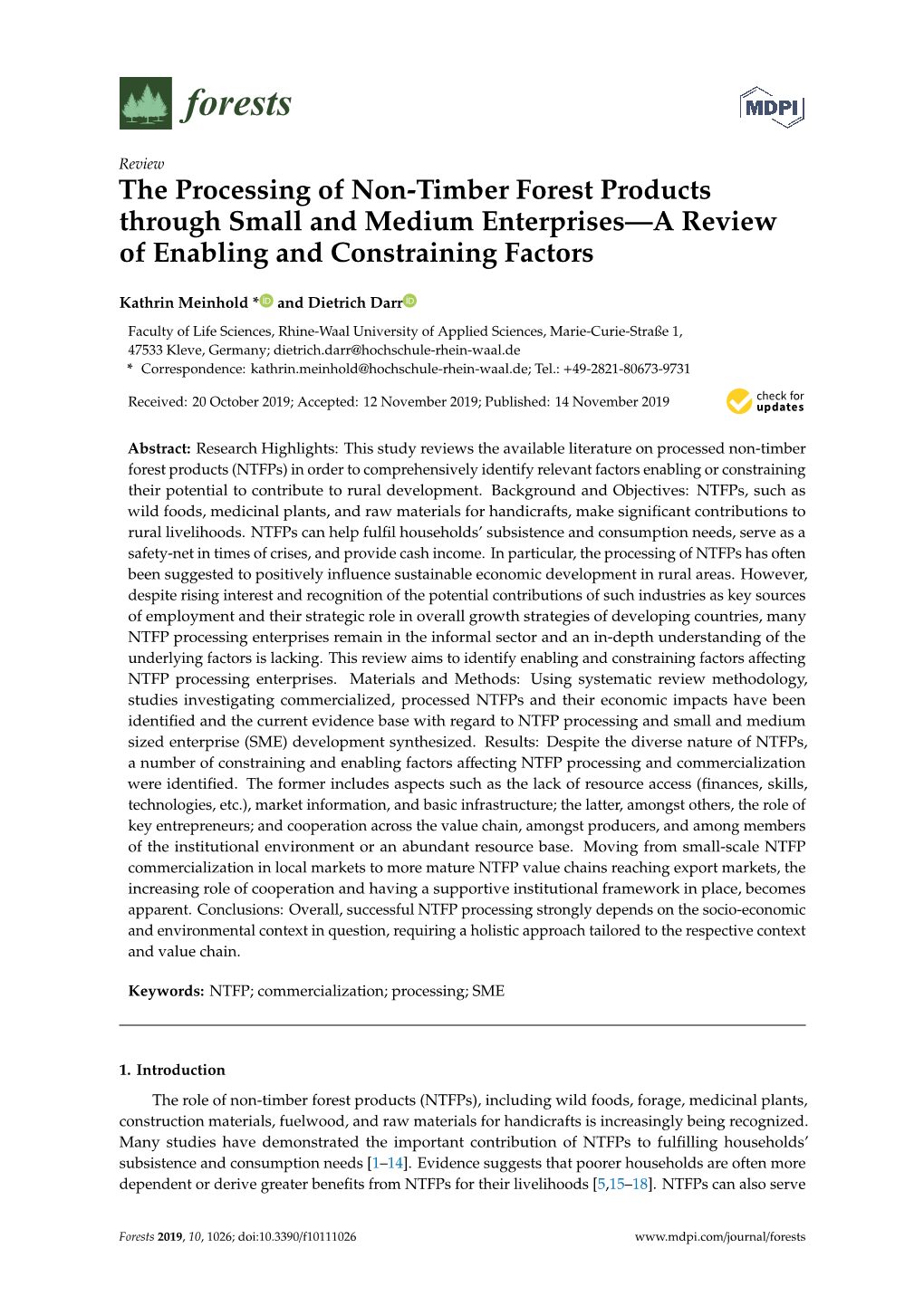 The Processing of Non-Timber Forest Products Through Small and Medium Enterprises—A Review of Enabling and Constraining Factors