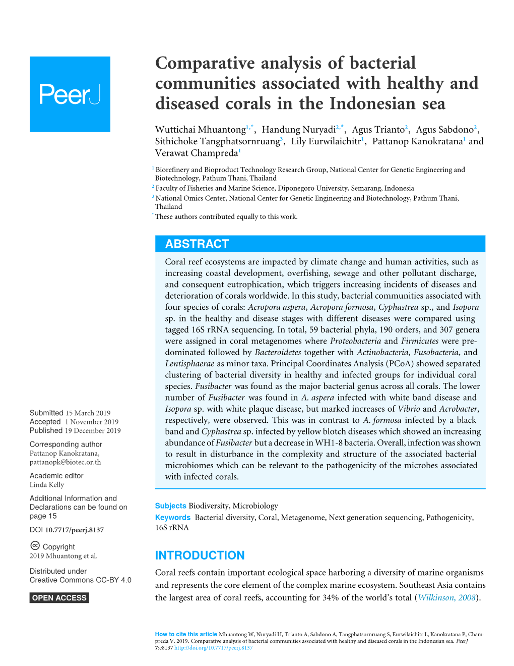 Comparative Analysis of Bacterial Communities Associated with Healthy and Diseased Corals in the Indonesian Sea