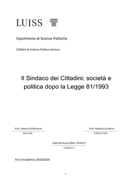 Il Sindaco Dei Cittadini: Società E Politica Dopo La Legge 81/1993
