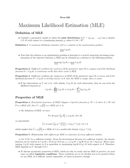 Maximum Likelihood Estimation (MLE) Deﬁnition of MLE