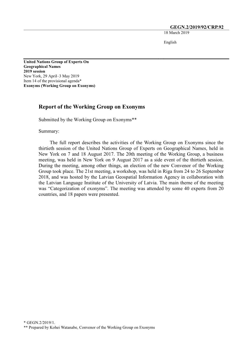 Report of the Working Group on Exonyms