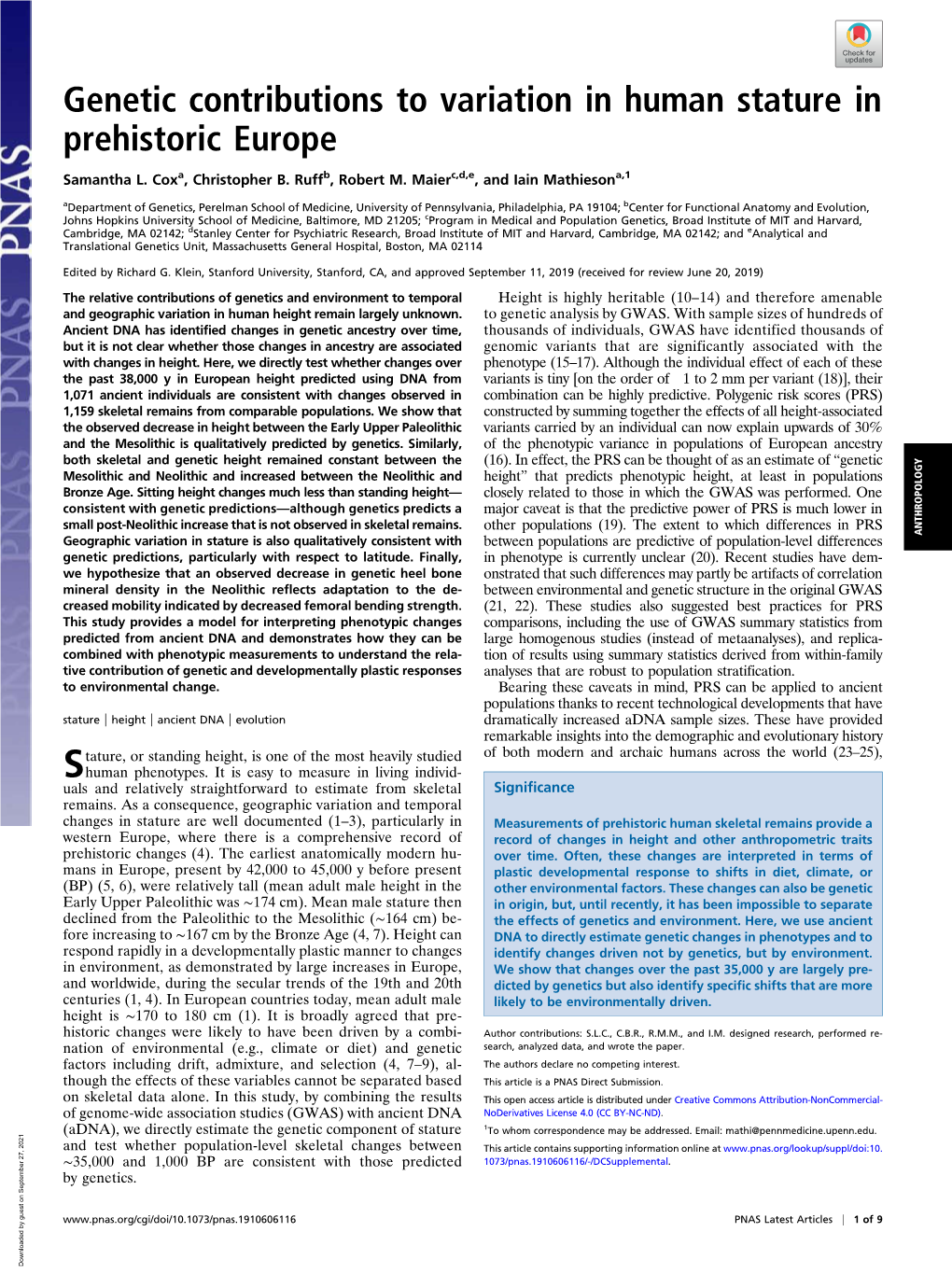 Genetic Contributions to Variation in Human Stature in Prehistoric Europe