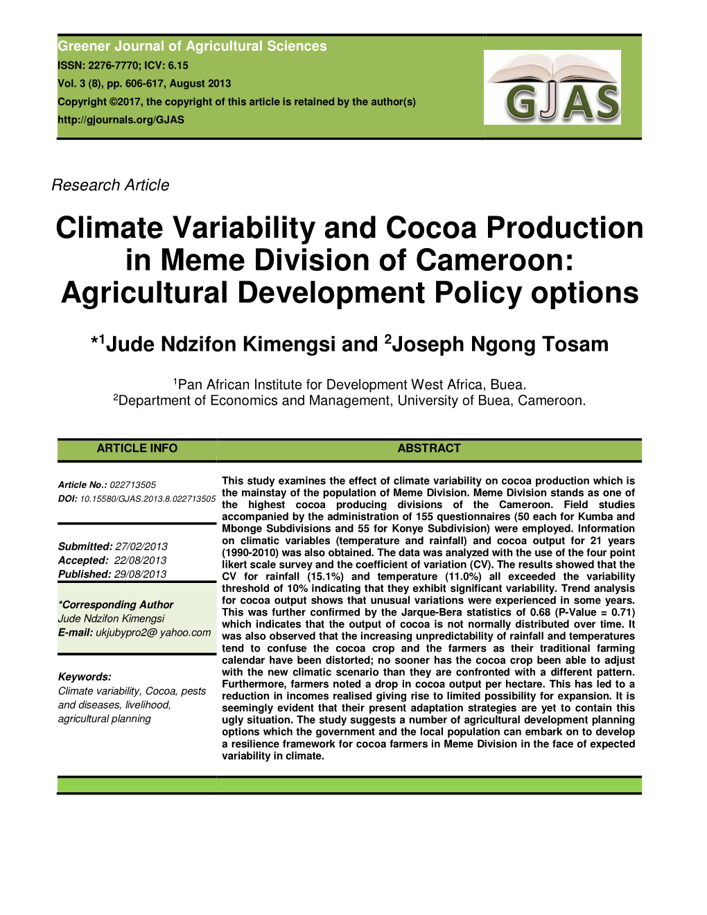 Climate Variability and Cocoa Production in Meme Division of Cameroon: Agricultural Development Policy Options