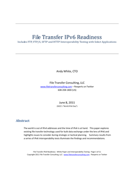 File Transfer Ipv6 Readiness Includes FTP, FTP/S, SFTP and HTTP Interoperability Testing with Select Applications