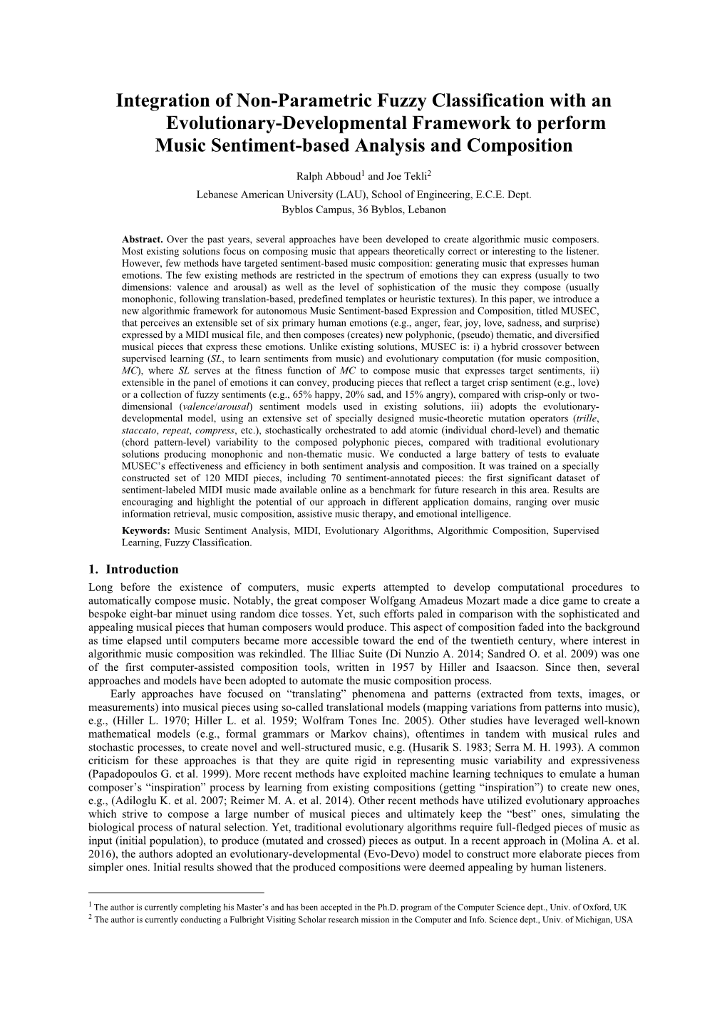 Integration of Non-Parametric Fuzzy Classification with an Evolutionary-Developmental Framework to Perform Music Sentiment-Based Analysis and Composition