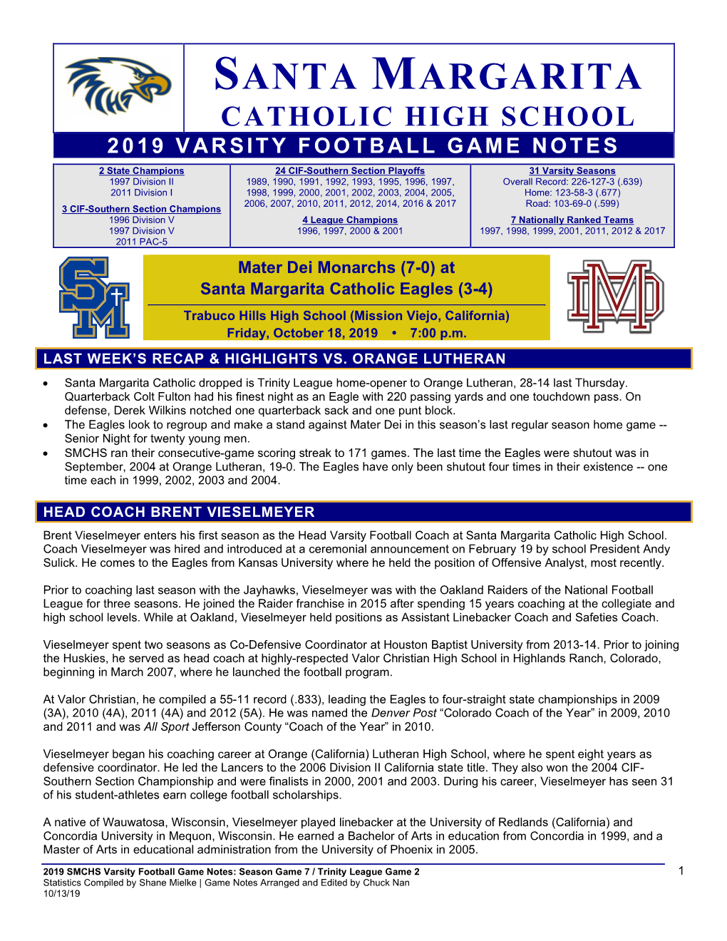 Santa Margarita Catholic High School 2019 Varsity Football Game Notes