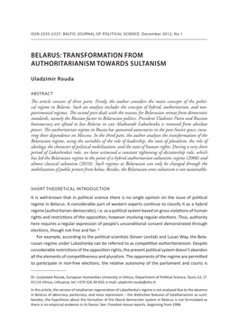 Belarus: Transformation from Authoritarianism Towards Sultanism