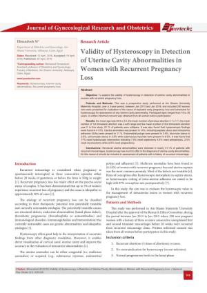 Validity of Hysteroscopy in Detection of Uterine Cavity Abnormalities in Women with Recurrent Pregnancy Loss