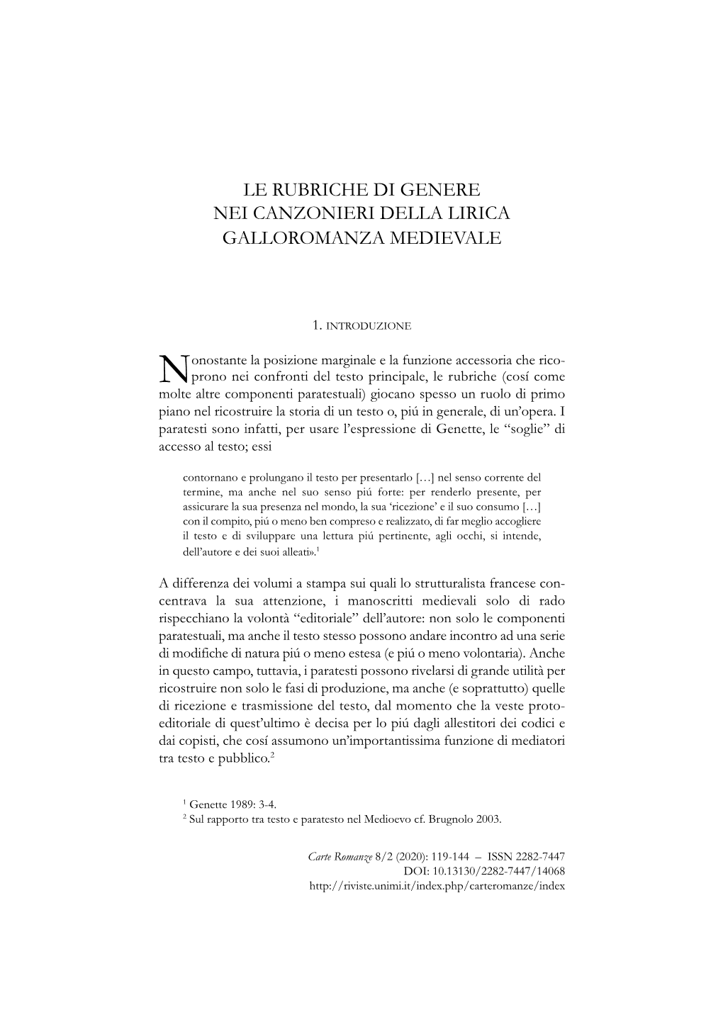 Le Rubriche Di Genere Nei Canzonieri Della Lirica Galloromanza Medievale