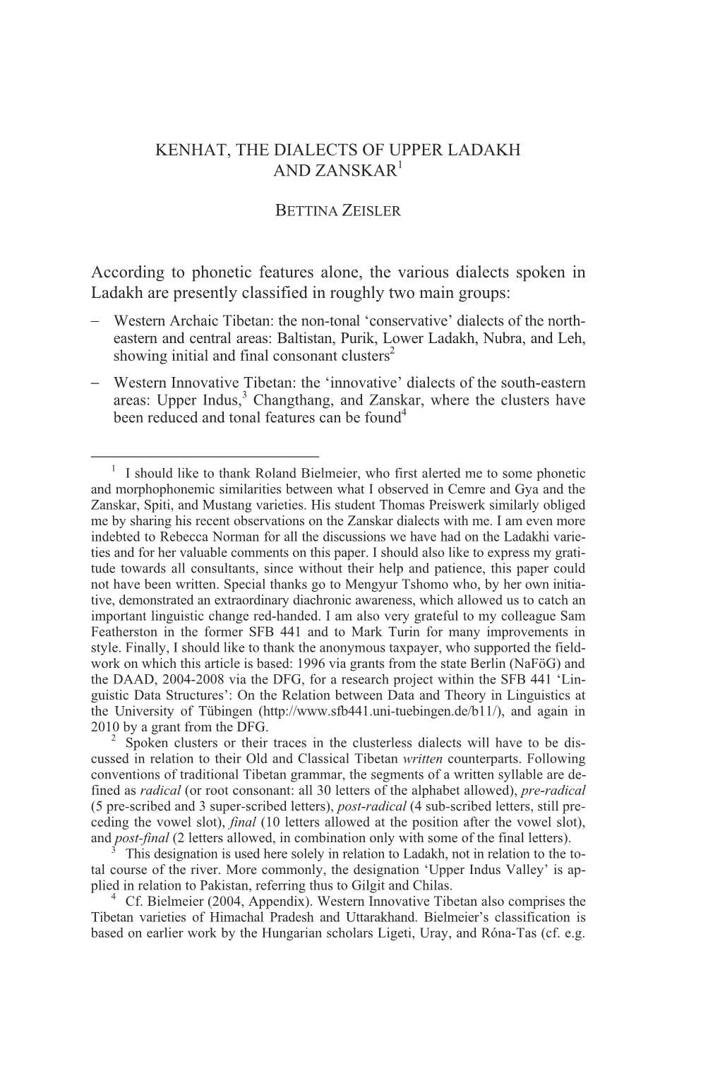 KENHAT, the DIALECTS of UPPER LADAKH and ZANSKAR1 According to Phonetic ...