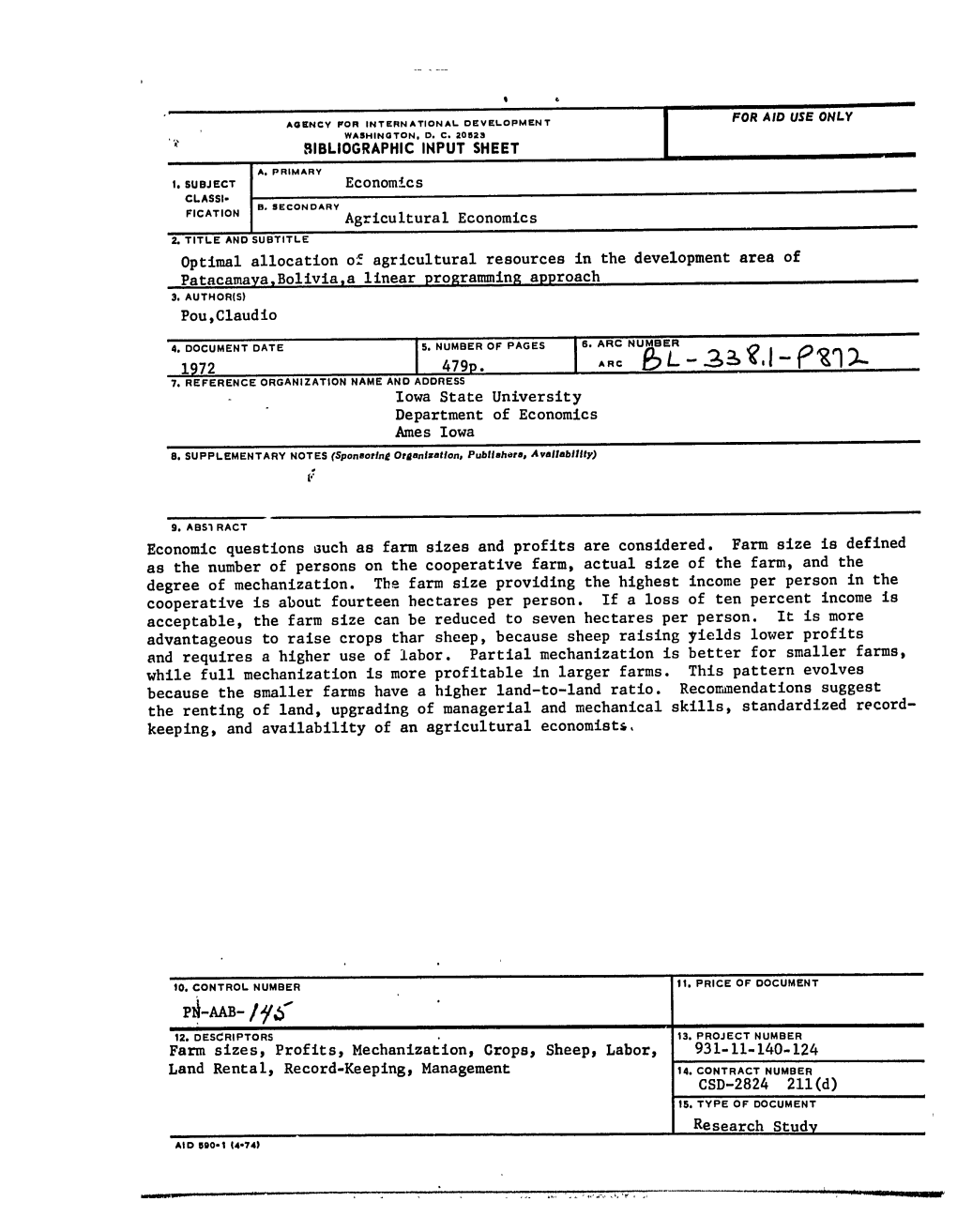 BIBLIOGRAPHIC INPUT SHEET Agricultural Economics