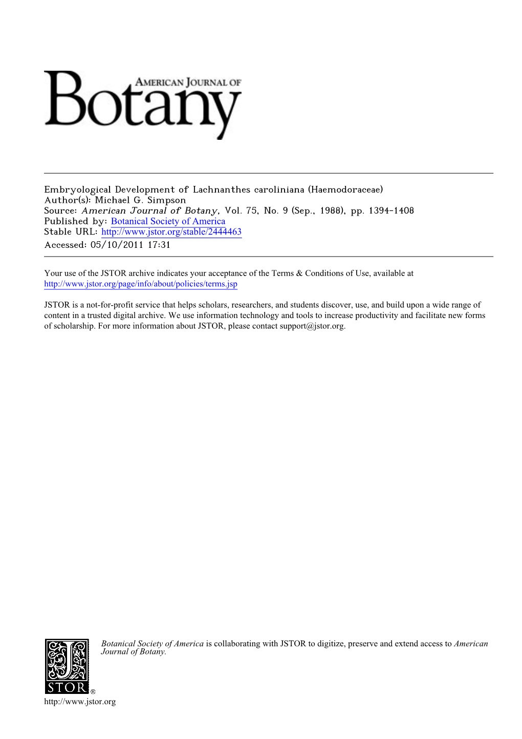 Embryological Development of Lachnanthes Caroliniana (Haemodoraceae) Author(S): Michael G