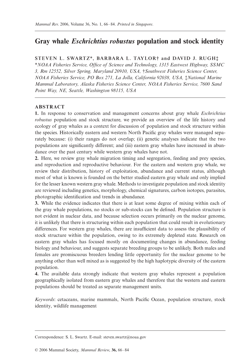 Gray Whale Eschrichtius Robustus Population and Stock Identity