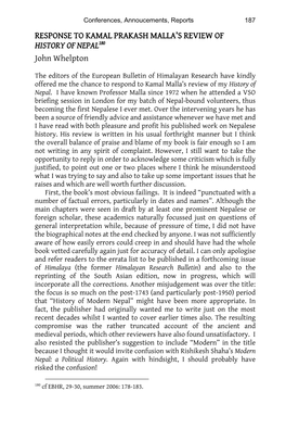 RESPONSE to KAMAL PRAKASH MALLA's REVIEW of HISTORY of NEPAL180 John Whelpton