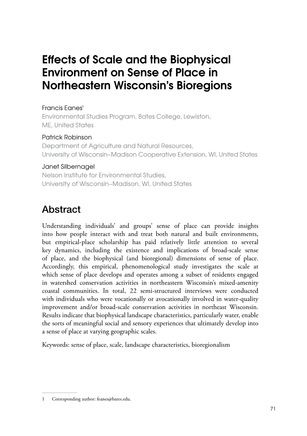Effects of Scale and the Biophysical Environment on Sense of Place in Northeastern Wisconsin’S Bioregions