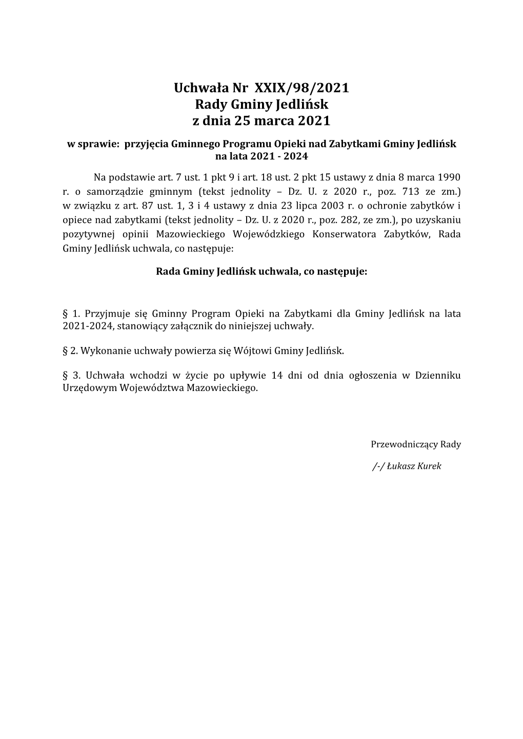 Uchwała Nr XXIX/98/2021 Rady Gminy Jedlińsk Z Dnia 25 Marca 2021