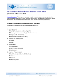 The Foundations of Oriental Medicine Abbreviated Content Outline (Effective As of February 1, 2014)