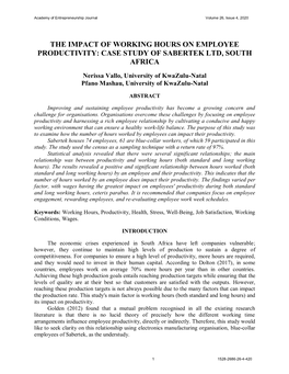 The Impact of Working Hours on Employee Productivity: Case Study of Sabertek Ltd, South Africa