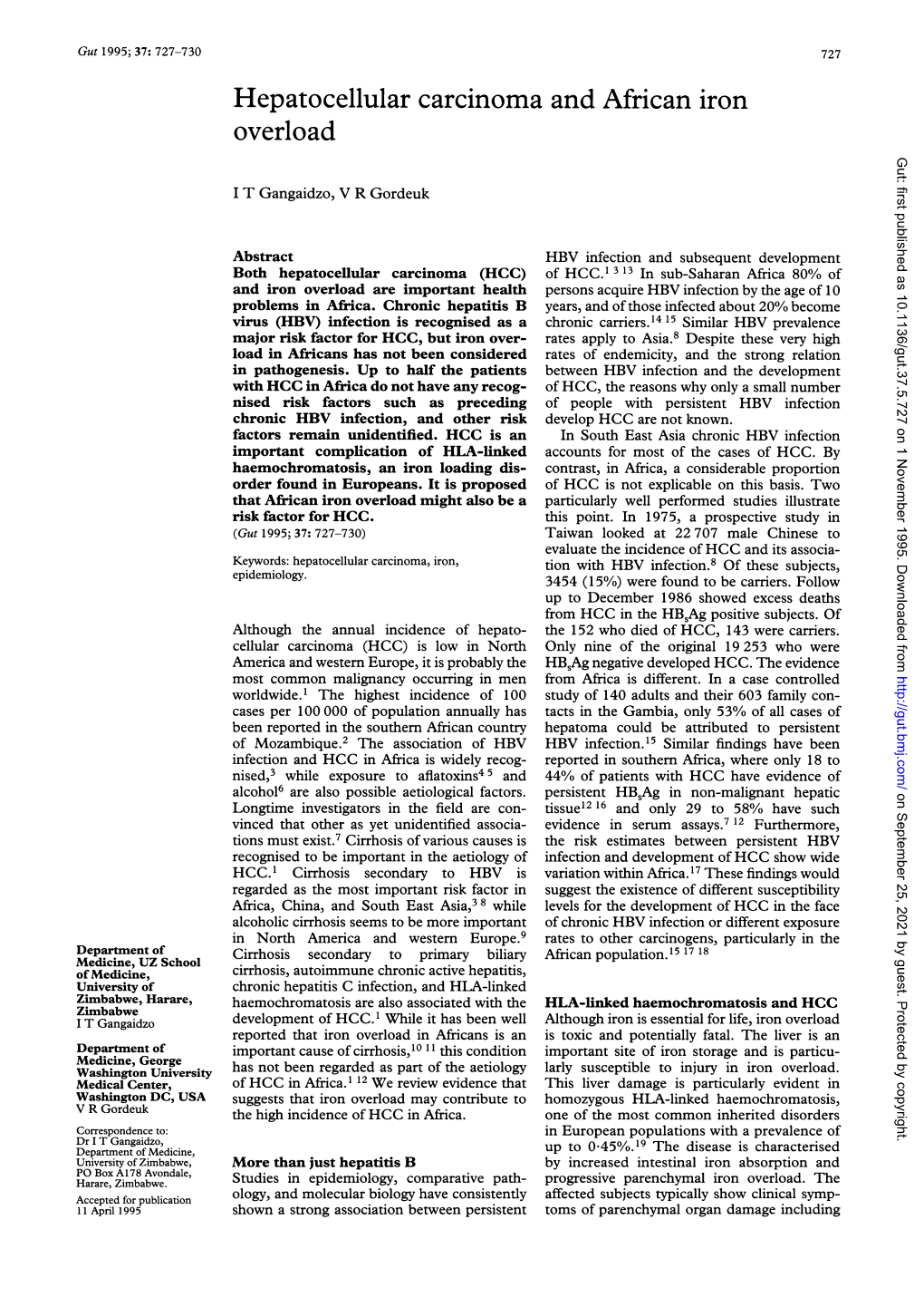 Hepatocellular Carcinoma and African Iron Overload Gut: First Published As 10.1136/Gut.37.5.727 on 1 November 1995