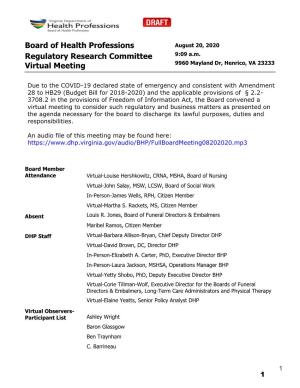 Board of Health Professions Regulatory Research Committee Virtual