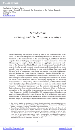 Introduction Brüning and the Prussian Tradition