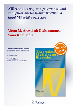Wilāyah (Authority and Governance) and Its Implications for Islamic Bioethics: a Sunni Māturīdi Perspective