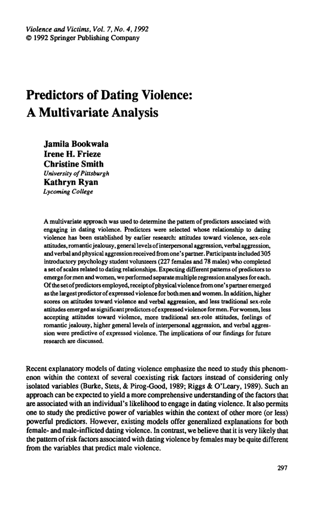 Predictors of Dating Violence: a Multivariate Analysis