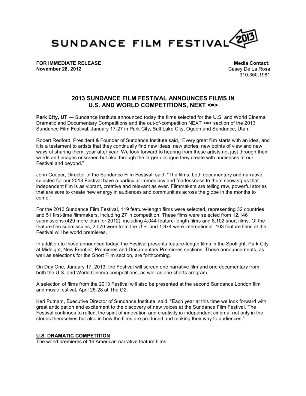 2013 Sundance Film Festival Announces Films in U.S